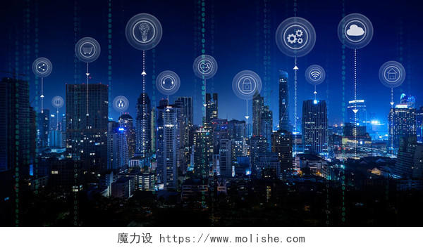 智能城市与智能服务和图标联网和增强现实概念 曼谷城市夜景.